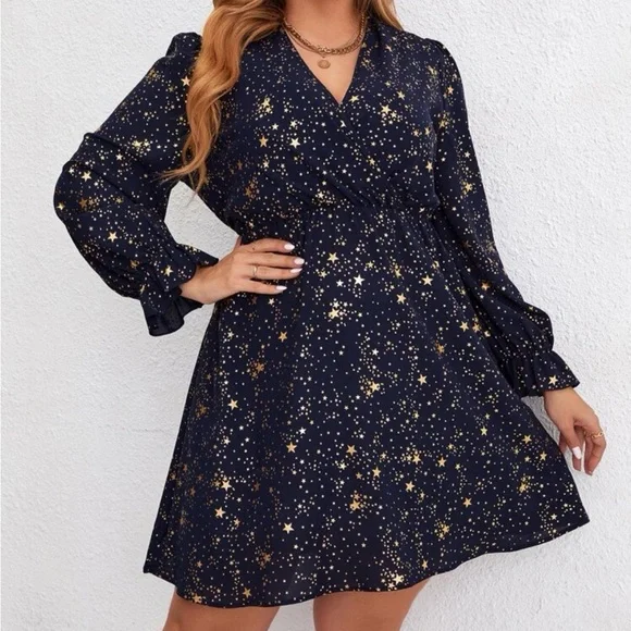 Navy blue gold stars flounce sleeve holidays party dress - Picture 8 of 8
